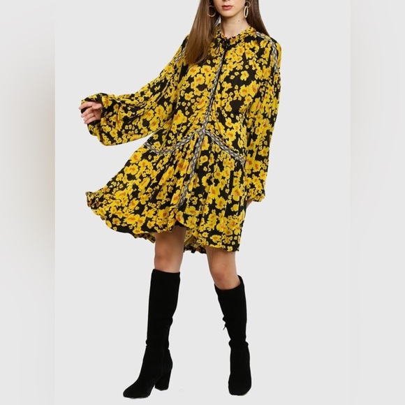 Free People Yellow and Black Tiered Sundress with Bishop Sleeves M - Picture 2 of 16